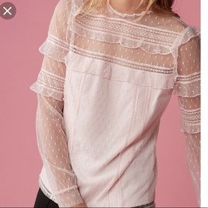 Express Petite Pieced Lace Long Sleeve Blouse